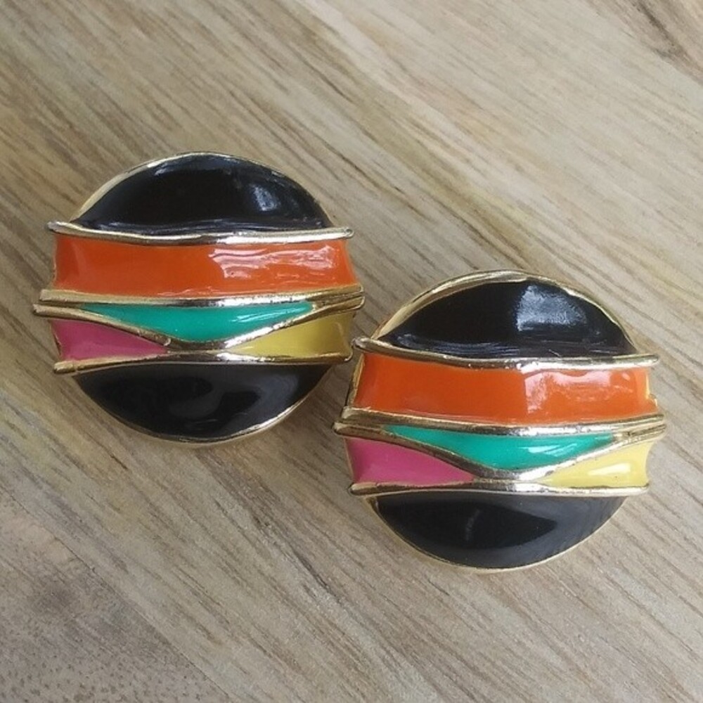 Vintage 80s Earrings, Round, Black and Neon Enamel on Gold Tone